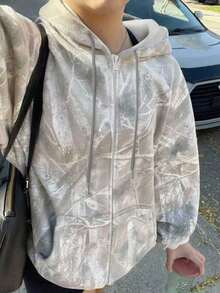 SHEIN Leaf Camo Pattern Digital Print Loose Fit Zip Up Hoodie Sweatshirt Jacket Fall Winter Cloth For Women