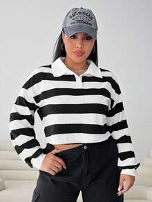 SHEIN EZwear 大碼條紋印花落肩袖Polo領運動衫 - 黑與白 - 查看 3