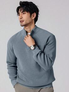 Manfinity Mode 男士简约纯色罗纹针织半拉链插肩袖毛衣，秋冬 - 淺藍色 - 查看 6