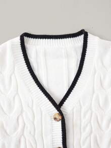 PrepCrw 1 件年轻女孩优雅校园风格休闲都市百搭白色罗纹黑色饰边开衫，适合外出、聚会、返校、秋冬 - 白色 - 查看 4