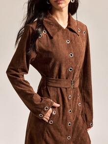 Easelle Vintage Women's Brown Suede Eyelet Design Waist Belt Trench Coat, Autumn Women's Winter Jacket Metal Chicken Eye Decoration Design