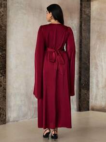 Roveilla 大码女式新款长袖修身连衣裙、生日礼服、派对礼服、优雅正式女装、晚礼服、婚礼宾客礼服、浪漫礼服、婚礼女装 - 酒紅色 - 查看 2