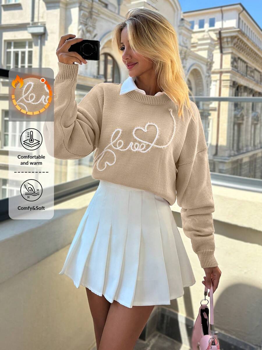 EURMUSE Casual Contrast Color Love And Heart Shape Pattern Embroidery Crew Neck Cute Sweater - Beige - View 1