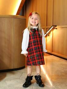 PrepCrw 1pc Young Girls Elegant Urban Versatile Classic Christmas Black Plaid White Ruffle Collar Long Sleeve Dress, Suitable For Casual Outings, Gatherings, Holidays, Autumn, Winter, Christmas - Red and White - View 2