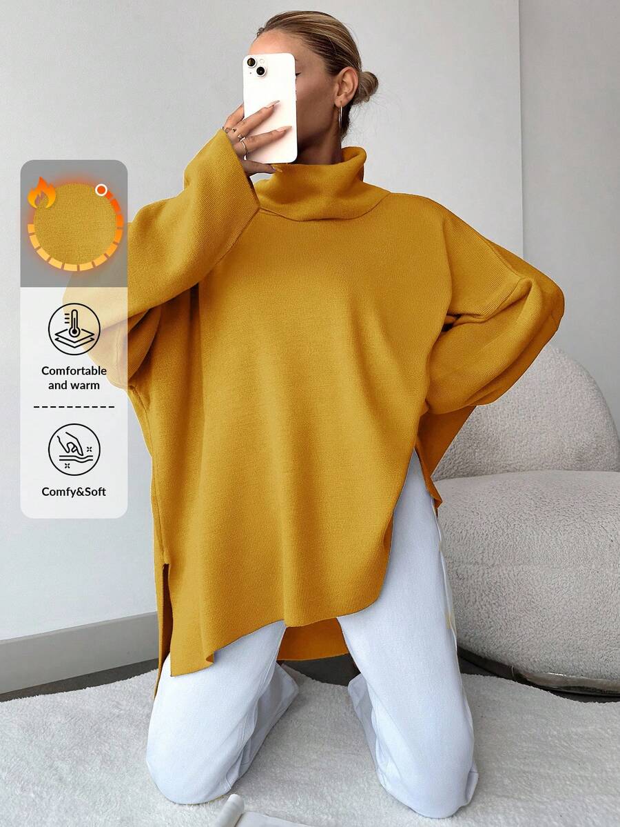 EURMUSE Women's Solid Color Turtleneck Batwing Sleeve Sweater With Side Slits - Mustard Yellow - View 1