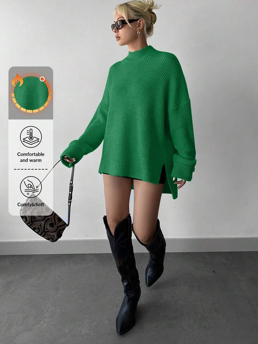 EURMUSE Mock Neck Drop Shoulder High Low Hem Sweater - Green - View 1