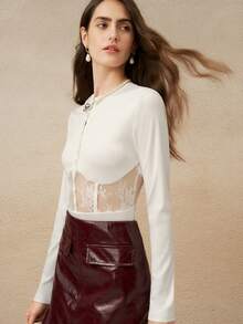 INAWLY Women's Round Neck White Lace Patchwork Long Sleeve Bodysuit - White - View 3