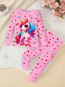 Conjunto de pijama de punto con cuello redondo, estampado de unicornio, bloque de color y luz en el corazón que brilla en la oscuridad para niñas, de tela elástica, cómodo y ajustado, con manga larga y pantalones, color rosa