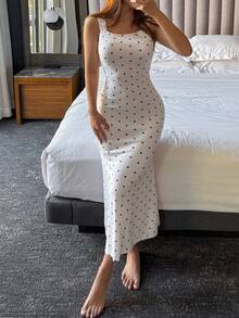 DAZY Charming Polka Dot Backless Fitted Long Nightgown For Women - White - View 5