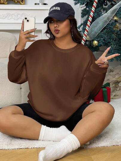 Almamuse Women's Plus Size Casual Pullover Sweatshirt, Cute & Versatile Fashion, Warm Brown Tone, Suitable For Photography, Streetwear, Daily Wear, Sportswear, Autumn/Winter, Back To School Season