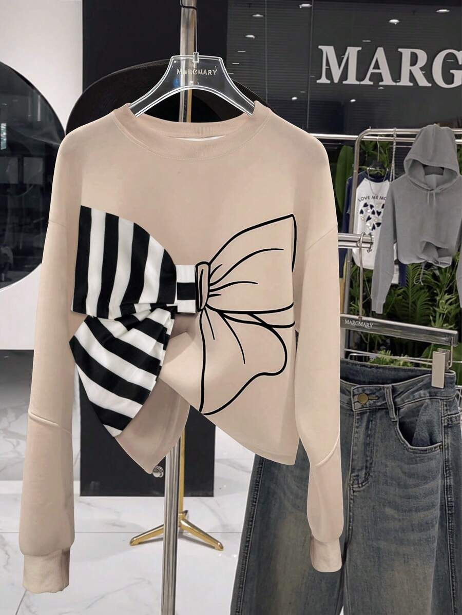 GlowEve Sweatshirt Kasual dengan Motif Garis-Garis Blok Warna dan Hiasan Pita, Musim Gugur/Dingin - Aprikot - View 1