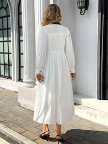 Chiquease Vestido camisero largo con cintura fruncida y plisado de unicolor - Blanco - Ver 2