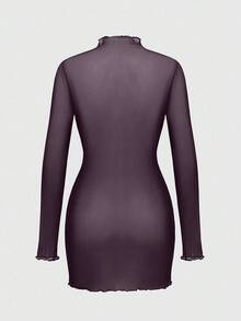 ROMWE Gothic Skeleton Flocked Sexy Sheer Mini Dress For Women - Purple - View 2