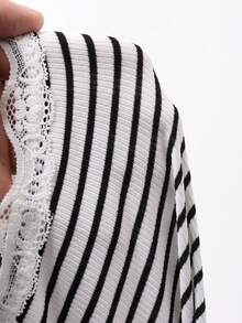 DAZY Striped Lace Ruffle Trim Fitted Cardigan For Women Long Sleeve Women