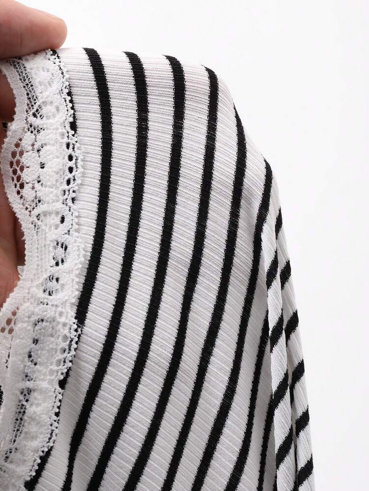 Striped Lace Frill Trim Fitted Cardigan For Women Long Sleeve Women