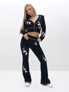 BABYPHAT 女士猫咪印花长袖拉链短款连帽衫 - 黑色 - 查看 6