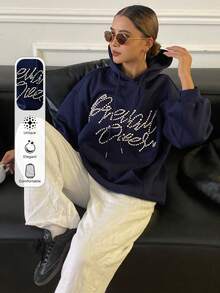 DAZY Sudadera de felpa para mujer de otoño/invierno con decoración de perlas 3D, sudadera holgada casual de estilo urbano con capucha para la escuela - Azul Marino - Ver 1