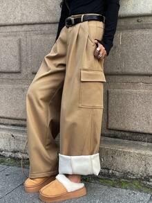 DAZY 保暖内衬纯色宽松工装裤，带分口袋，适合秋冬女士休闲街头风格 - 卡其色 - 查看 5