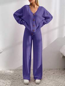 EURMUSE Drop Shoulder Cardigan & Tie Front Knit Pants - Purple - View 3