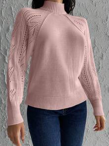SHEIN Cottnline Mock Neck Pointelle Knit Raglan Sleeve Sweater - Pink - View 5