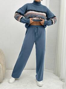 EURMUSE Women's Geometric Pattern High Neck Sweater 2pcs/Set - Dusty Blue - View 3