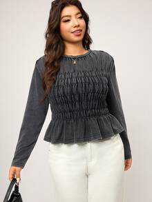 Elaquor Plus Size Casual Ruffle Hem Long Sleeve T-Shirt, Autumn - Black - View 6