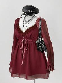 Sunspun 大码女式撞色蕾丝甜心领长袖系腰时尚优雅衬衫 - 酒紅色 - 查看 4