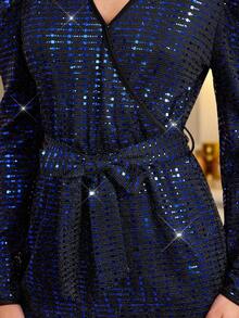 Amorya Women's Elegant V-Neck Gigot Sleeve Blue Metallic Color Jumpsuit, Suitable For Party, Gathering And Multiple Occasions In Autumn Women Autumn Winter Thanksgiving Outfits For Women Christmas