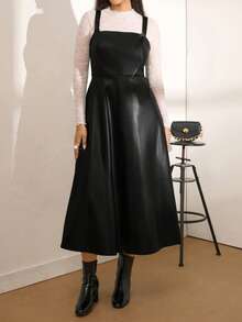 Zelara 休闲百搭黑色PU长款吊带连衣裙，秋冬 - 黑色 - 查看 1