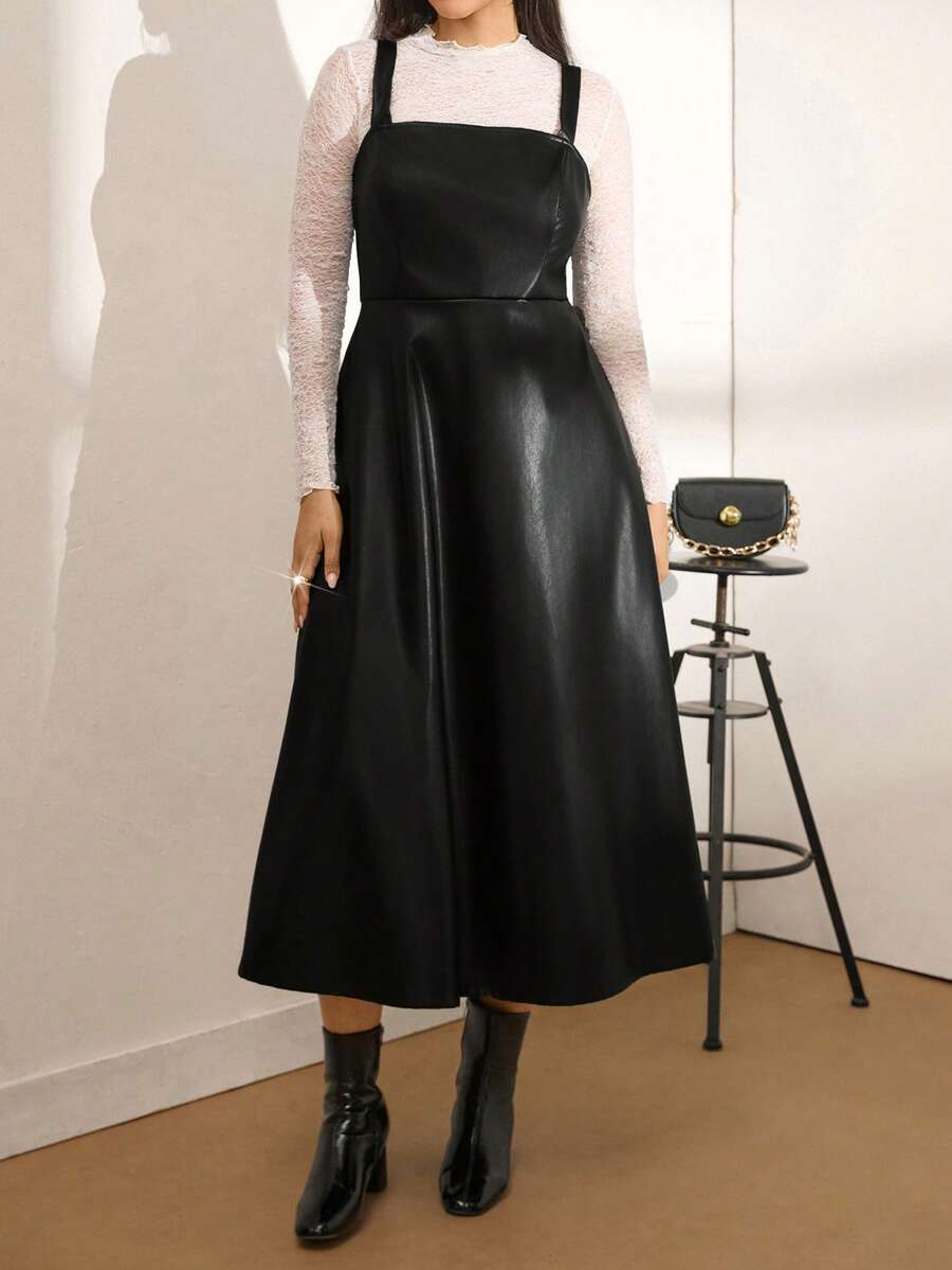 Zelara 休闲百搭黑色PU长款吊带连衣裙，秋冬 - 黑色 - 查看 1
