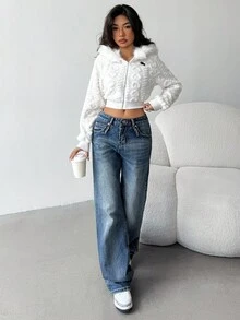 SHEIN Chaqueta deportiva de estilo retro y callejero para niña, con cuello de piel blanca, cremallera, textura de punto y bordado en color blanco y contraste, para otoño e invierno - Blanco - Ver 13