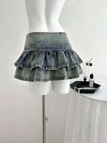 Elamini 女士时尚牛仔半身裙，腰部纽扣设计，双褶边下摆 - 深色水洗藍 - 查看 2