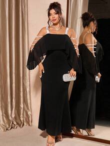 Cravure Plus Size Women's Off-Shoulder Cinched Waist French Luxury Elegant Party Vacation Romantic Dress - Black - View 3