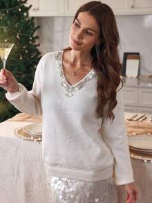SHEIN Clasi Women's V-Neck Sequin Trim Pullover Sweater, Autumn/Winter - Beige - View 3