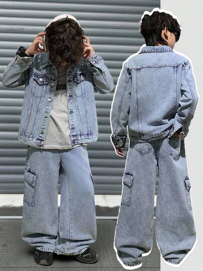 SHEIN 2Pcs Tween Boy Fashion Casual Y2k Vintage Cool Street Returns To School College Basic Simple And Comfortable Blue Denim Lapel Long-Sleeved Denim Jacket And A Pair Of Comfortable And Work Pockets Loose Jeans For Kids Clothes Tween Boy Soft Dailywear And Kids Winter And Fall Rave Outfits Festival And Outfits Streetwear Clothes