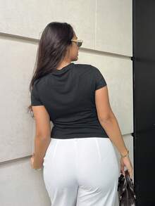 NegzBox Women's Casual Plain Single Button Round Neck Short Sleeve T-Shirt, Summer - Black - View 2