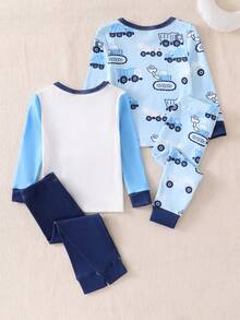 4 件套新生儿男婴简约汽车印花长袖上衣和裤子舒适睡衣套装 - 藏蓝色 - 查看 2