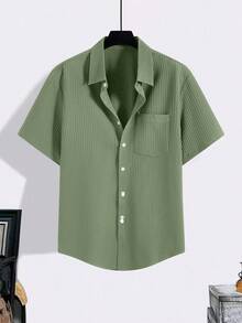 Manfinity Homme 夏季大码男士休闲纯色短袖衬衫 - 薄荷綠 - 查看 3