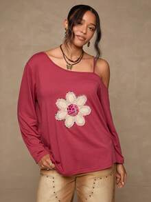SHEIN VCAY Plus Size Floral Applique Asymmetric Collar Casual Long Sleeve T-Shirt - Dusty Pink - View 4