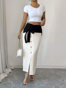 SHEIN Elenzya Women's Color Block Bow Decor Slit Fitted Elegant Skirt - Apricot - View 4