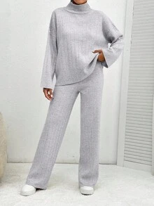 EURMUSE Ensemble deux pièces de pull à manches longues et pantalon en tricot de couleur unie - Gris pâle - Voir 4