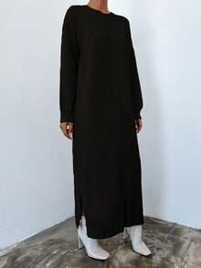EURMUSE 女士纯色圆领休闲长袖毛衣连衣裙