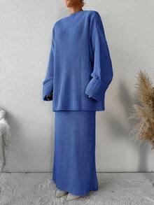 EURMUSE 2 件女式纯色圆领长袖休闲上衣和迷你裙套装 - 藍色 - 查看 6