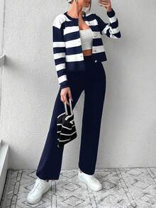 EURMUSE Women'S Color Block Striped Sweater And Monochrome Pants Two-Piece Set - Blue - View 3