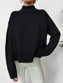 EURMUSE Women's Solid Color Minimalist Turtleneck Long Sleeve Sweater - Hitam - View 4