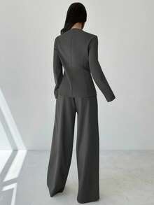 Firerie Women's Elegant Commuter Daily Versatile Street Fashion New Asymmetric Lapel Button Waist Long Sleeve Blazer And High Waist Long Pants Khaki Gray 2 Pieces Suit Set,Fall,Fall Clothes For Women - Dark Grey - View 6