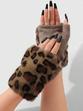 Goth 1 paire de gants sans doigts en fausse fourrure moelleuse jaune-brun de la série Maillard, style rétro Y2K mignon et de haute qualité avec imprimés d'animaux (tigre, léopard), convient pour les femmes, pour un port quotidien ou en cadeau pour les fêtes