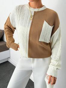 EURMUSE Women Pocket And Cable Knit Detailed Boho Sweater Pullover Cozy Colorblock Cable Knit Sweater With Pocket Detail And Round Neck For Casual Fall Layered Outfits