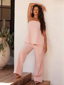 Ocili 100% Cotton Tube Top And Lounge Pants Set, Comfortable & Minimalist Women Pajama Set, Outfits - Pink - View 3
