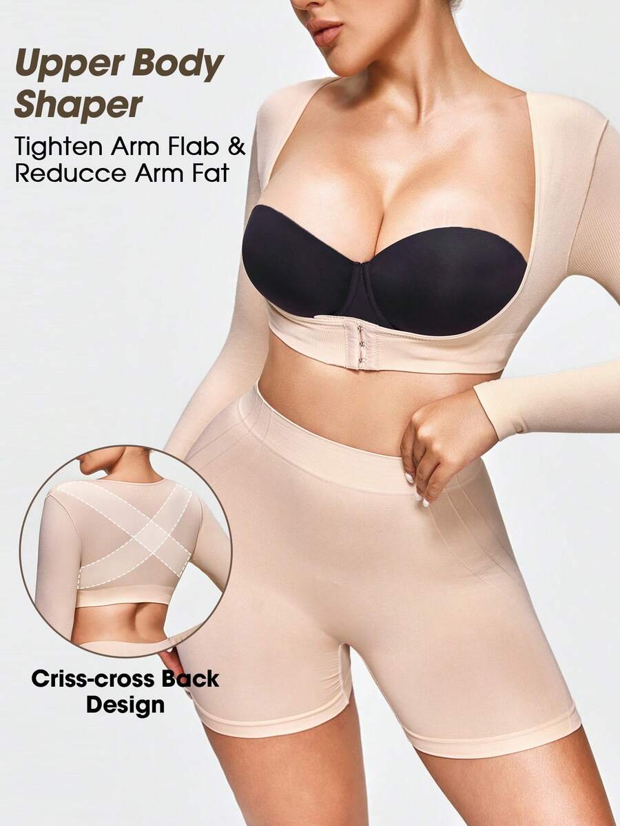 SHAPORA 1 szt. damski top modelujący z długim rękawem i zapięciem z przodu, korektor postawy, wygodny, jednokolorowy, modelujący top - Morela - Zobacz 1